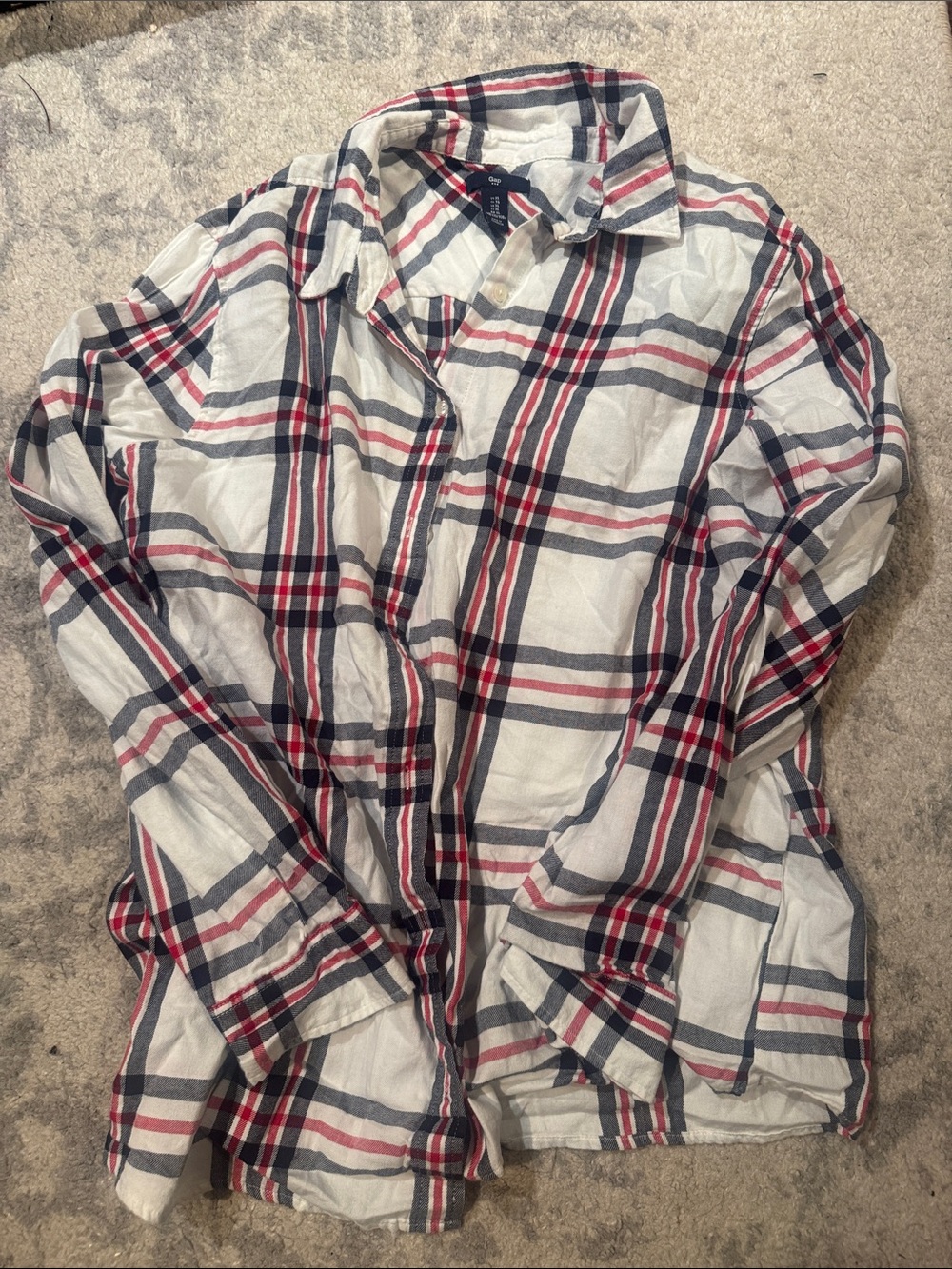Men's Plaid Button-Up Shirt — White with Red & Navy Stripes Size XL